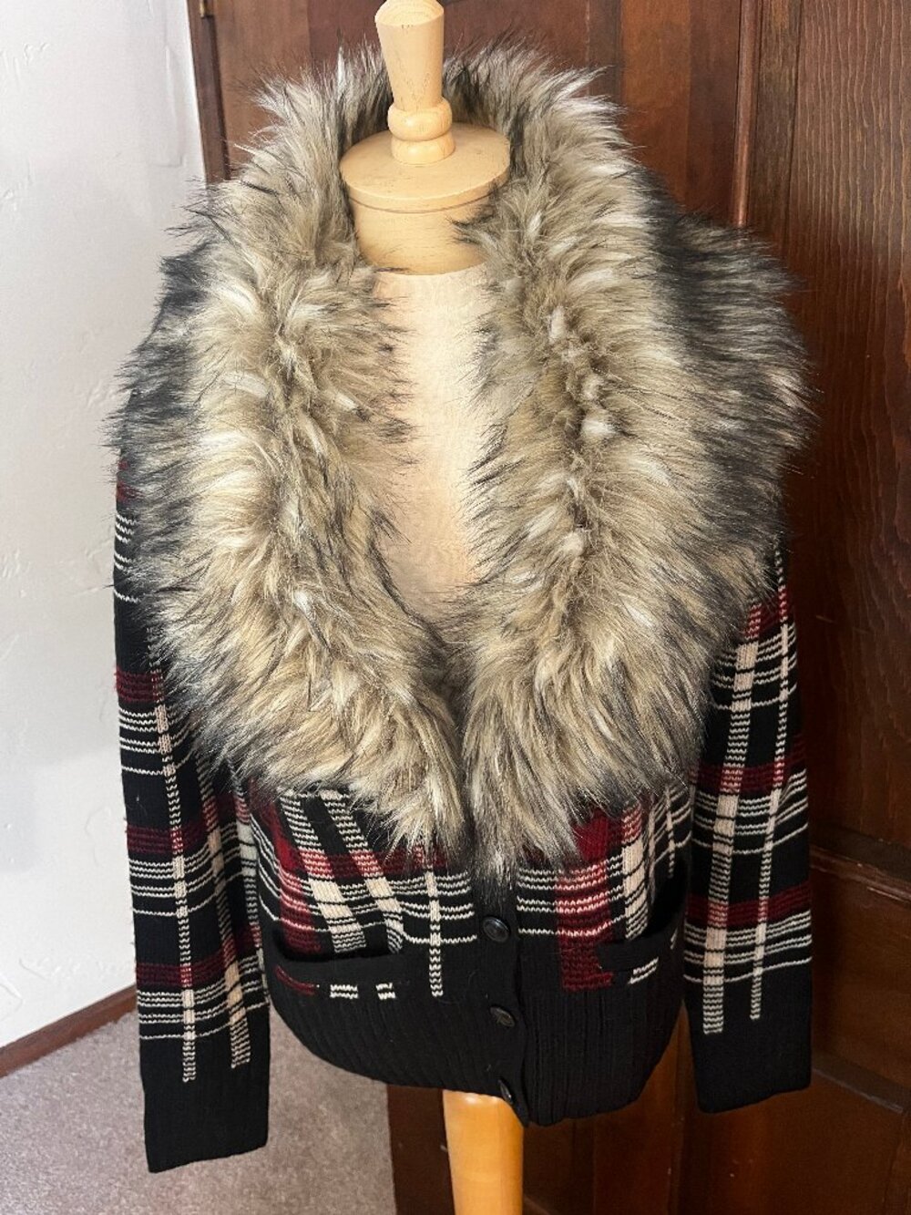 NWT Denim & Supply Ralph Lauren Plaid Faux Fur Collar Cardigan Size M